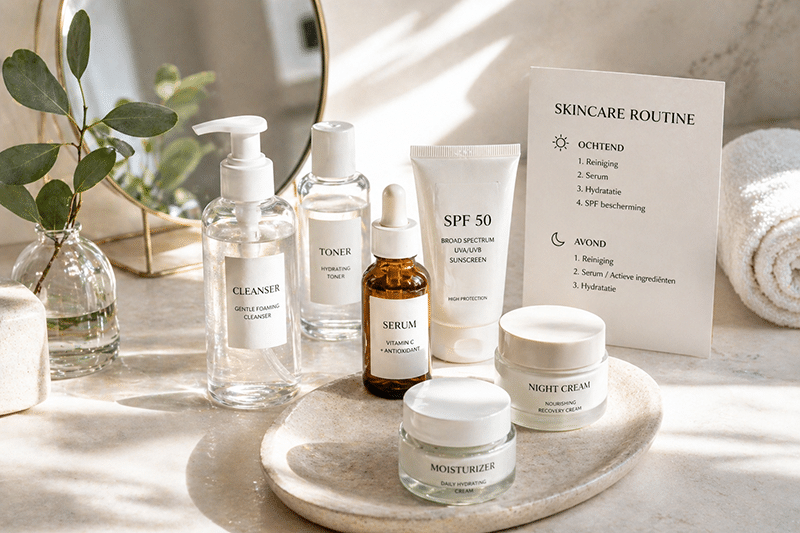 Skincare producten op een clean achtergrond