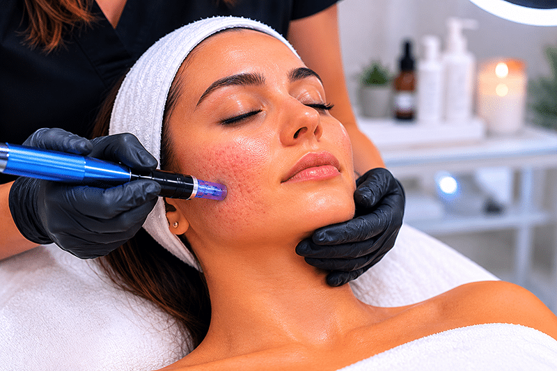 Microneedling behandeling voor het verminderen van acne littekens en het verbeteren van de huidstructuur.